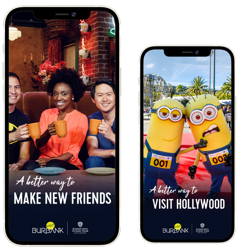 Two iPhones showing Visit Burbank ads
