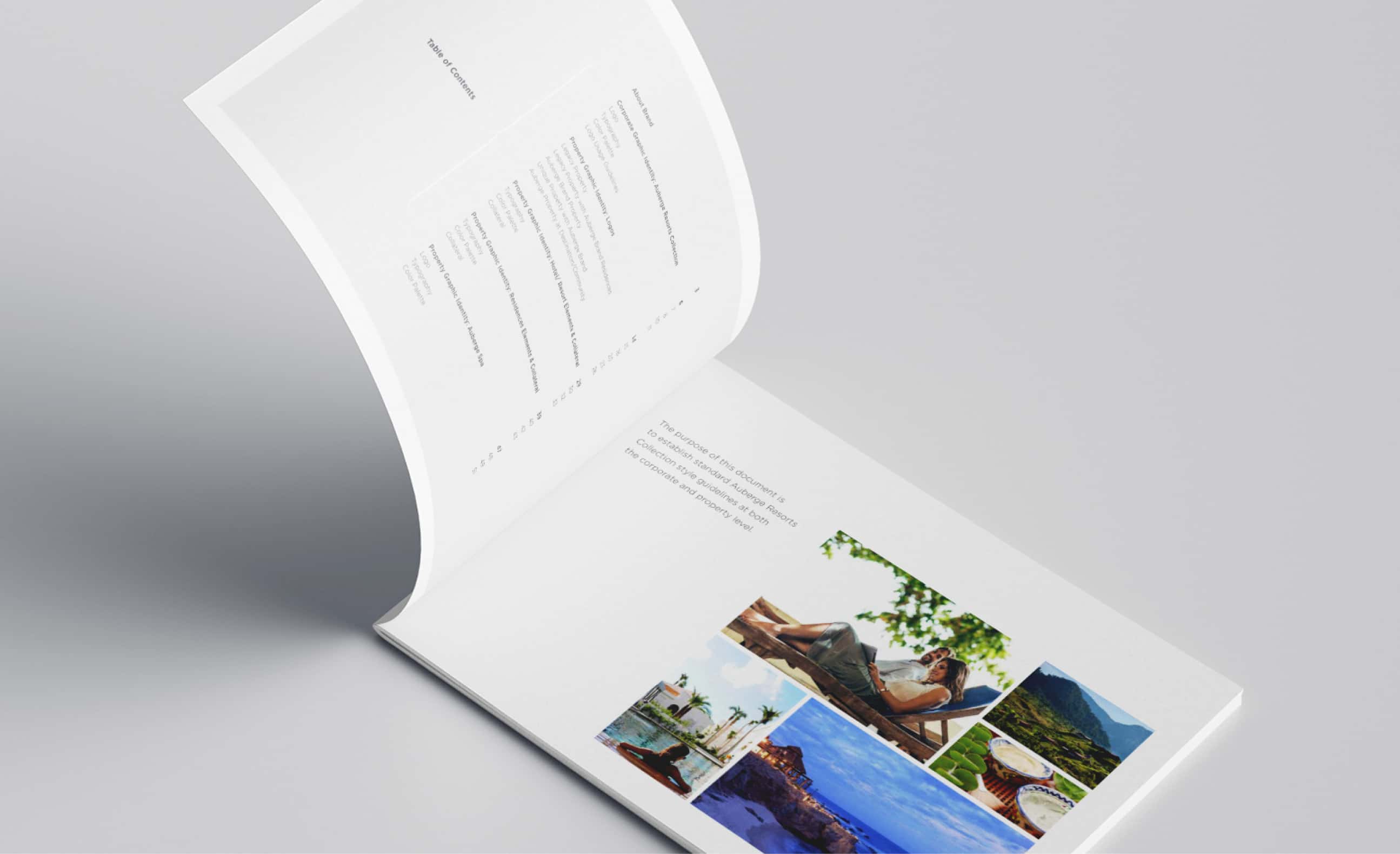 Auberge Resort guest book opened up to the table of contents.
