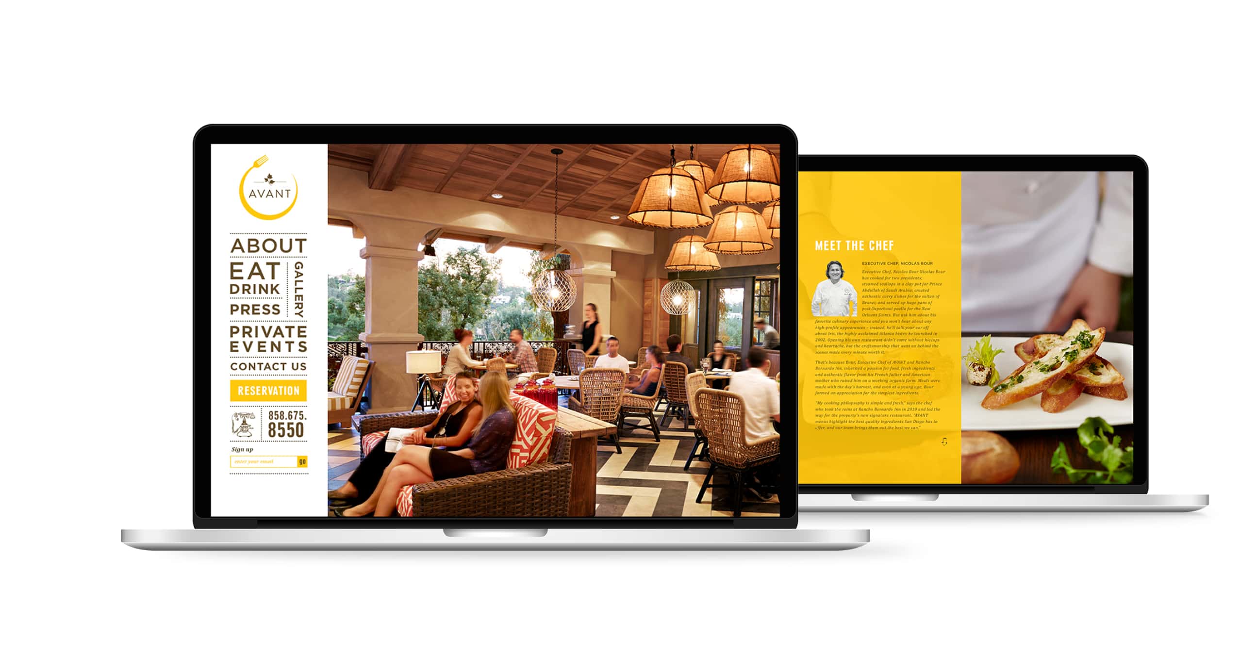 A laptop screen displaying a webpage for 'AVANT' restaurant, showing a lively dining scene, with a sidebar detailing about the restaurant, menus, private events, and contact information; and the main section featuring a meet-the-chef segment with a photo of a dish.