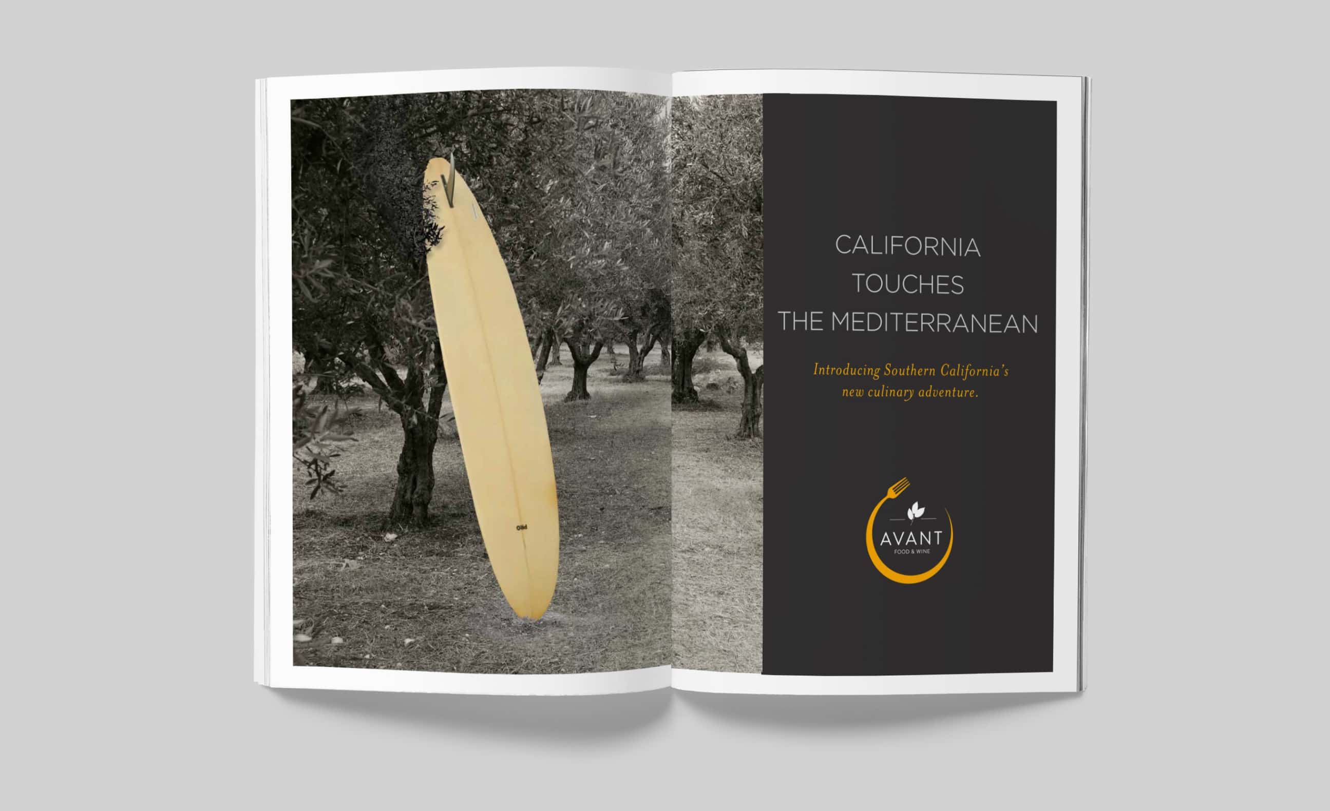 An open magazine featuring a surfboard standing upright in an olive grove, with the text 'California touches the Mediterranean' introducing Southern California's new culinary adventure at AVANT.