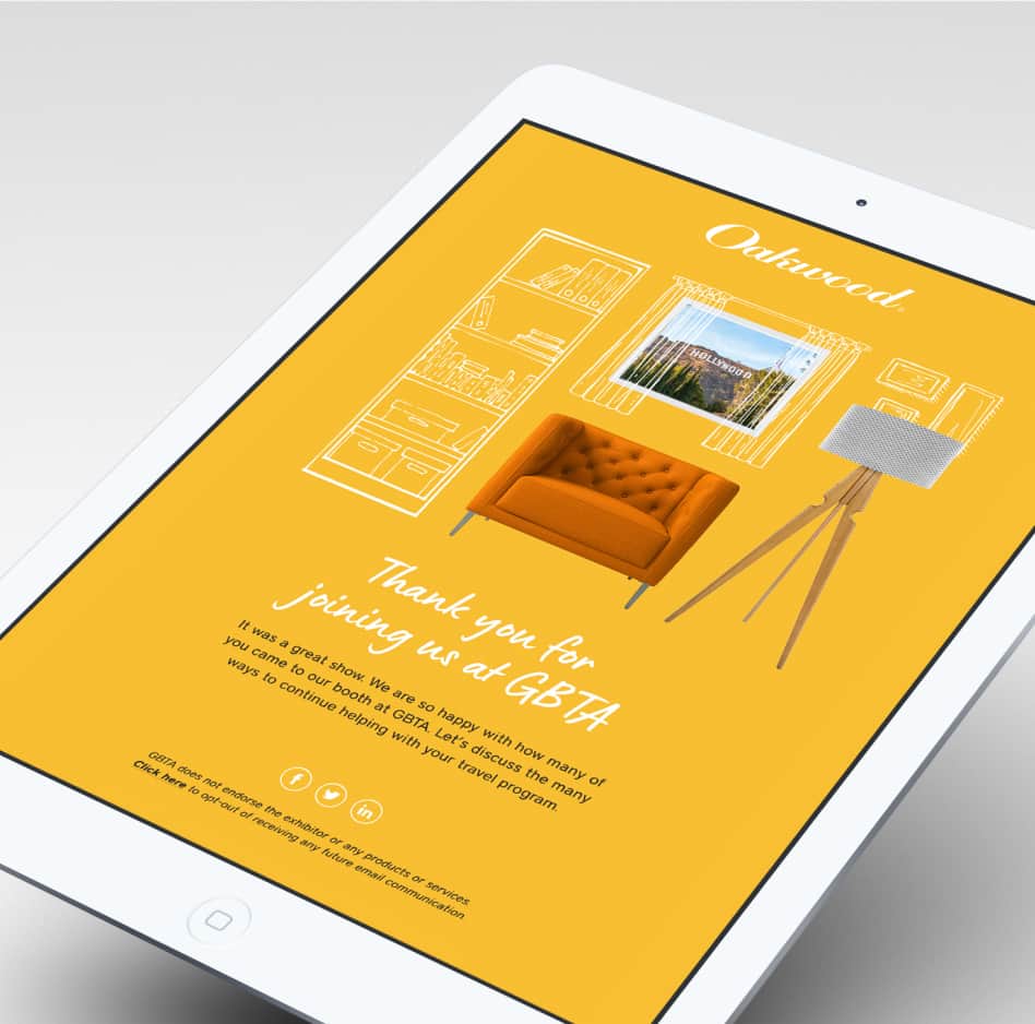 Oakwood Worldwide thank you email displayed on an iPad